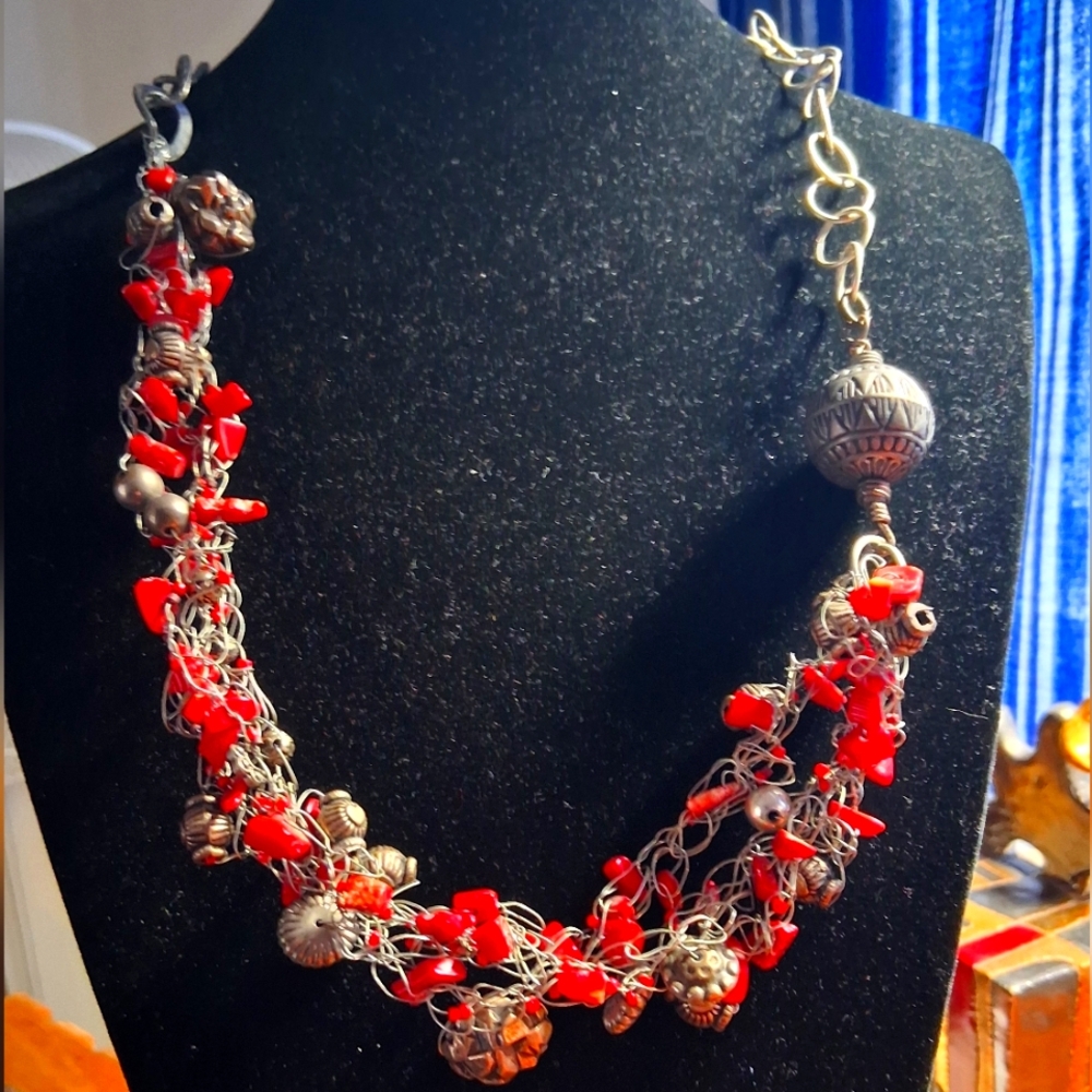 Elegant Boho Red Wire Wrapped Necklace. Embellished Wth Charms.